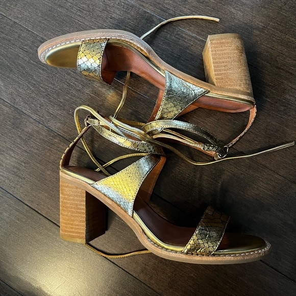 Jeffrey Campbell x Free People gold tie up heeled sandals. - Picture 2 of 4